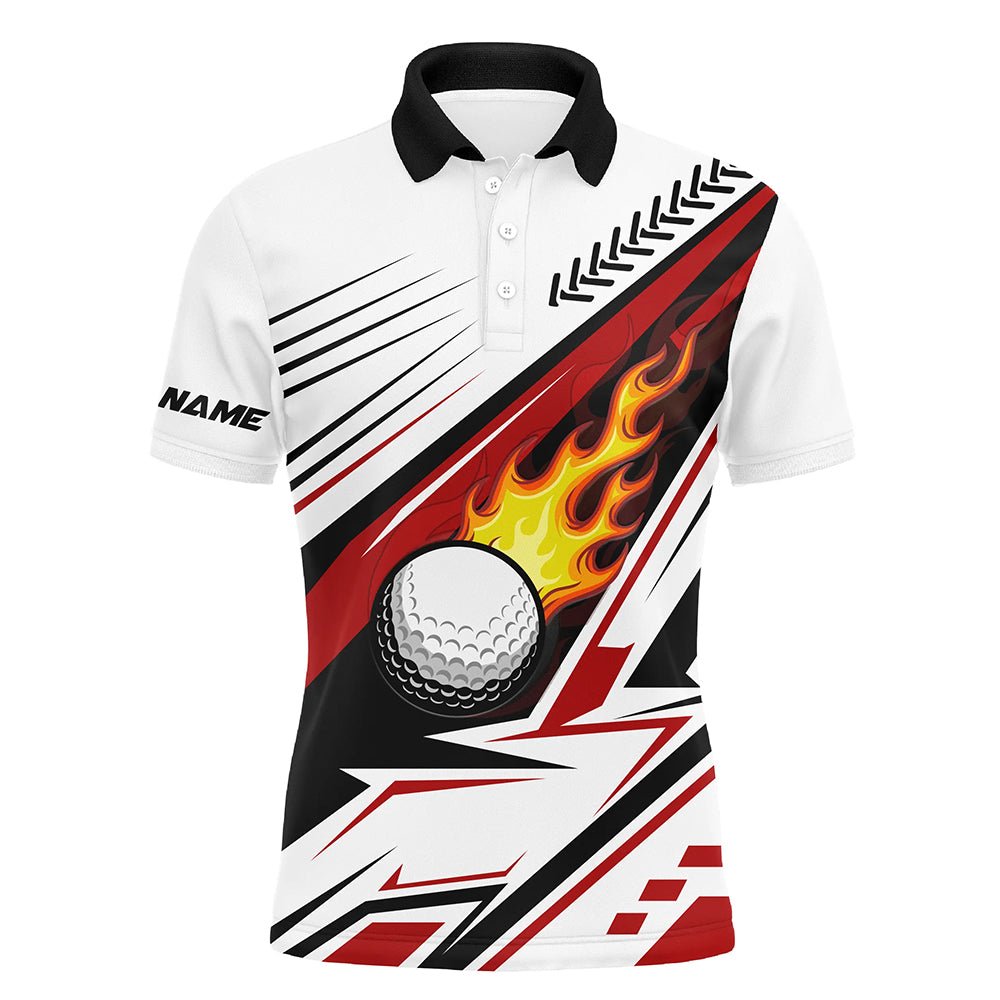 Weißes Golfball-Flammen-Herren-Golfpoloshirt, maßgeschneiderte Golfbekleidung für Herren, einzigartige Golfgeschenke | Rot N7485 - Climcat