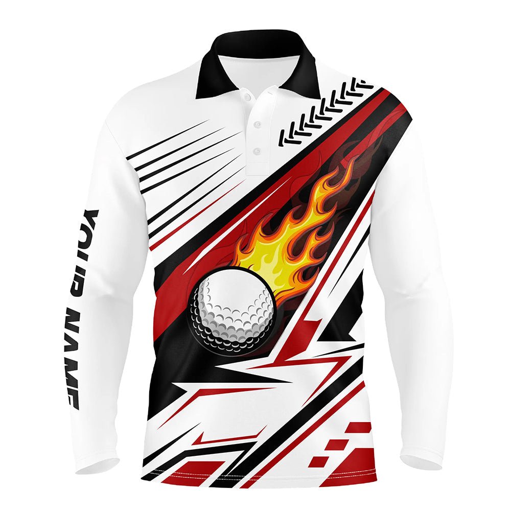 Weißes Golfball-Flammen-Herren-Golfpoloshirt, maßgeschneiderte Golfbekleidung für Herren, einzigartige Golfgeschenke | Rot N7485 - Climcat