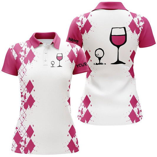 Weißes Pink Argyle-Muster Damen Golfshirt Golf & Wein individueller Name Damen Golf Poloshirt N3924 - Climcat