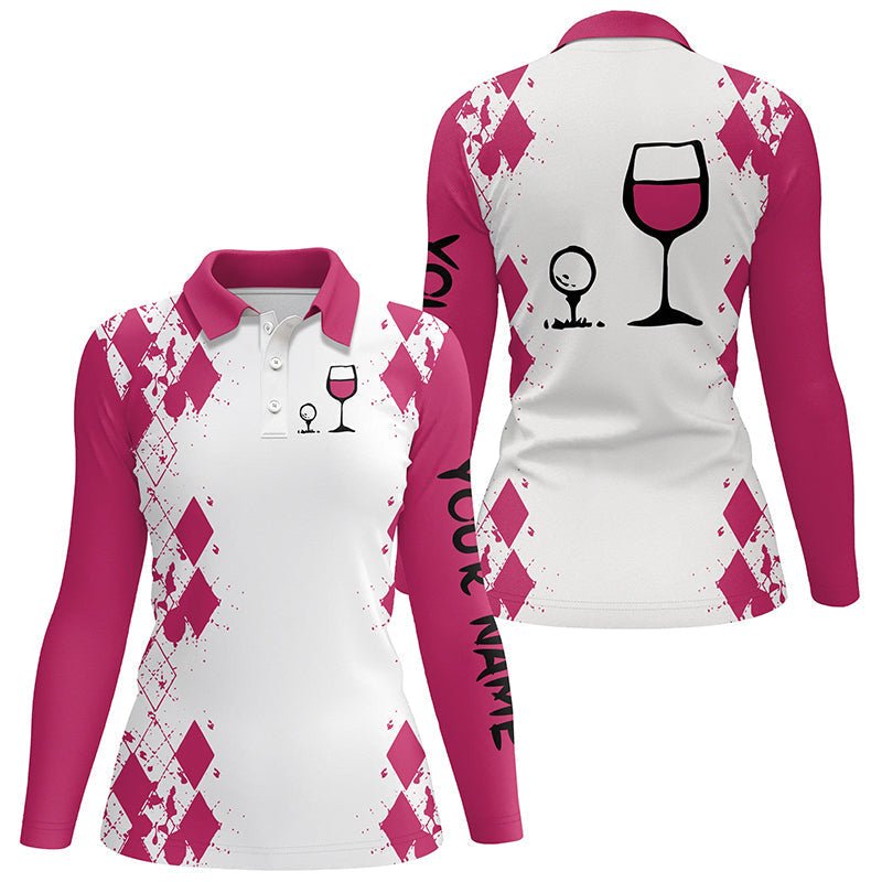 Weißes Pink Argyle-Muster Damen Golfshirt Golf & Wein individueller Name Damen Golf Poloshirt N3924 - Climcat