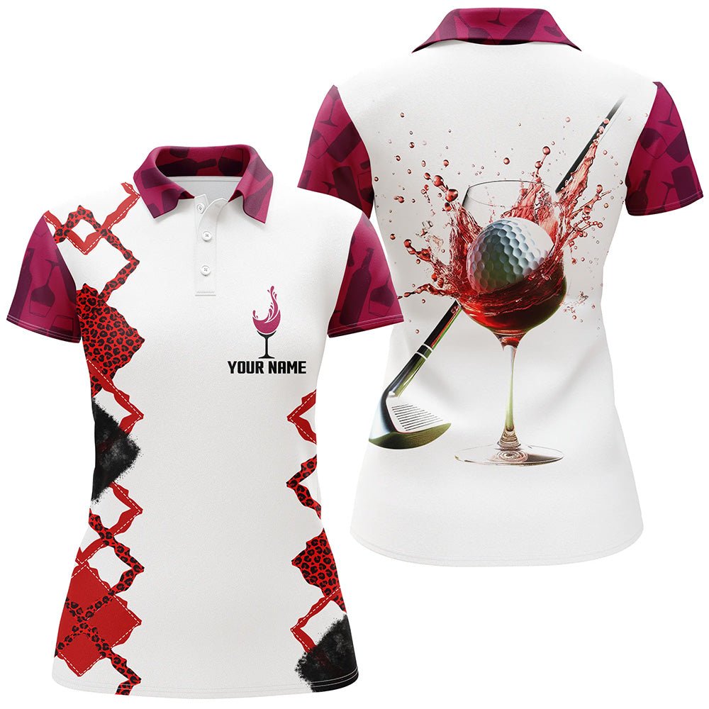 Weißes Rotwein-Leopardengolfshirt für Damen mit individuellem Namen Damen-Golfpoloshirts Golfgeschenke L1311 - Climcat