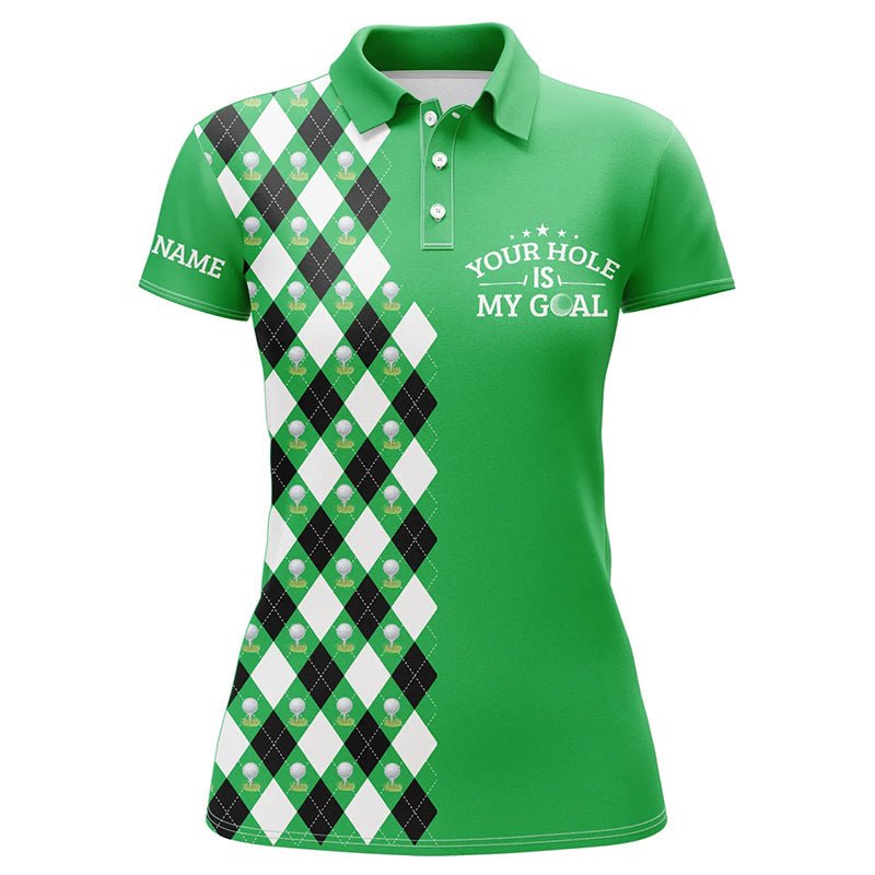 Witziges Damen Golf Polo-Shirt mit grünem Argyle-Muster - Individualisierbar "Dein Loch ist mein Ziel", Golf-Geschenke N7461 - Climcat