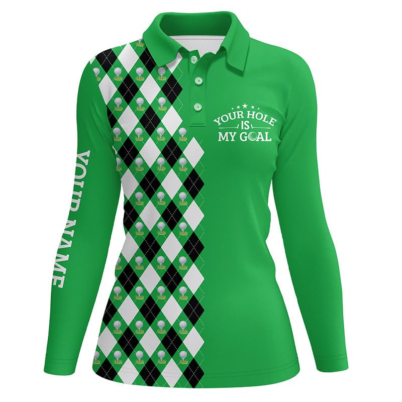 Witziges Damen Golf Polo-Shirt mit grünem Argyle-Muster - Individualisierbar "Dein Loch ist mein Ziel", Golf-Geschenke N7461 - Climcat