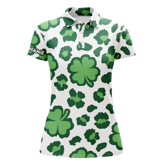 Witziges Damen Golf Polo Shirt mit Kleeblatt- und Leopardenmuster St. Patrick's Day individuelle Namensgeschenke für Golferinnen N4743 - Climcat