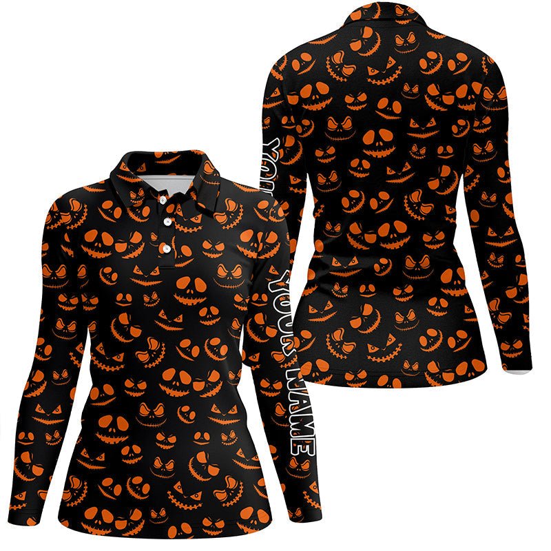 Witziges Damen Golf Polo Shirt Orange Schwarz Halloween Hintergrund Individuelle Halloween Golfbekleidung für Frauen N6152 - Climcat