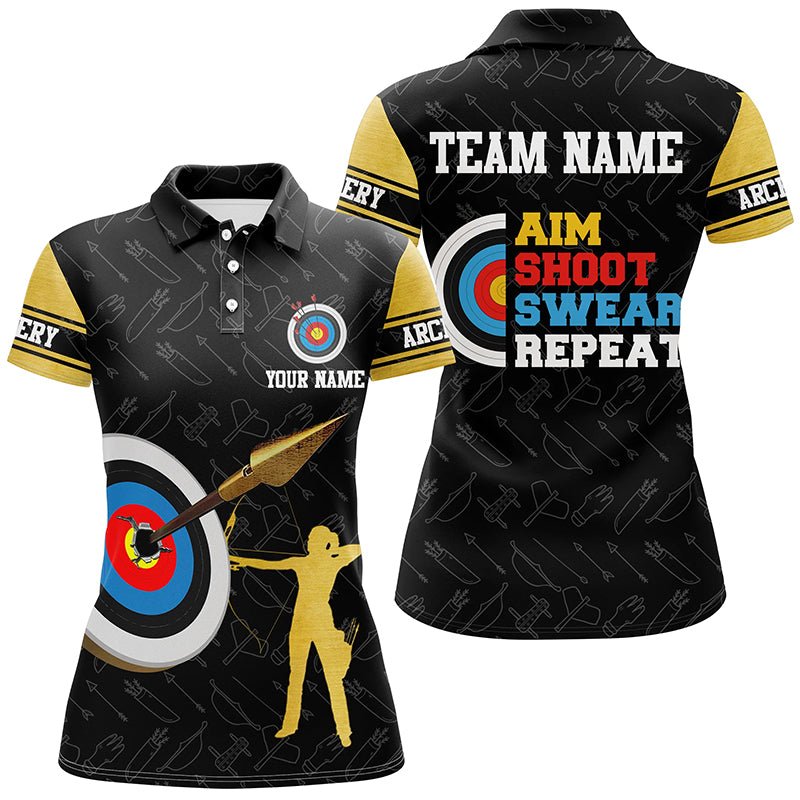 Zielen Schießen Fluchen Wiederholen - 3D Bogenschießen Polo - Shirt - Herren Damen - Personalisiert Name & Team - T0477 - Climcat
