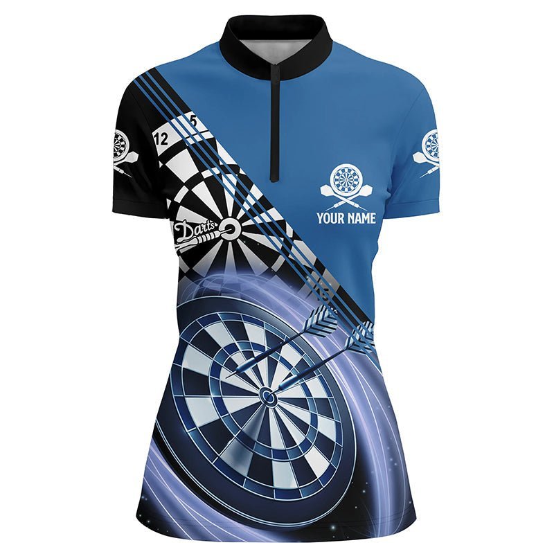 Blau bedrucktes Dart-Quarter-Zip-Shirt mit individuellem Namen, maßgeschneiderte Dartshirts für Frauen, Darttrikot A710 - Climcat