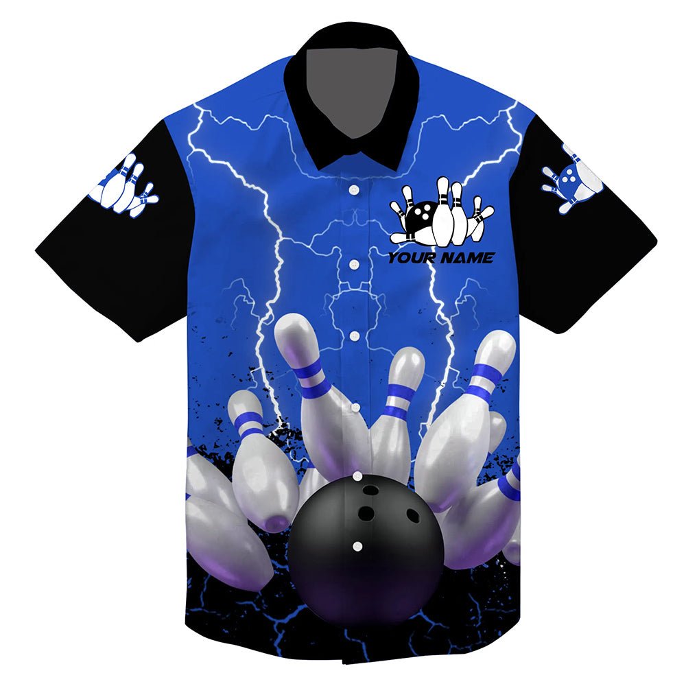 Blau Blitz Hawaiian Bowling Hemden, Personalisierte Herren Bowling Team Knopfleiste Bowling Hemden Q5200 - Climcat