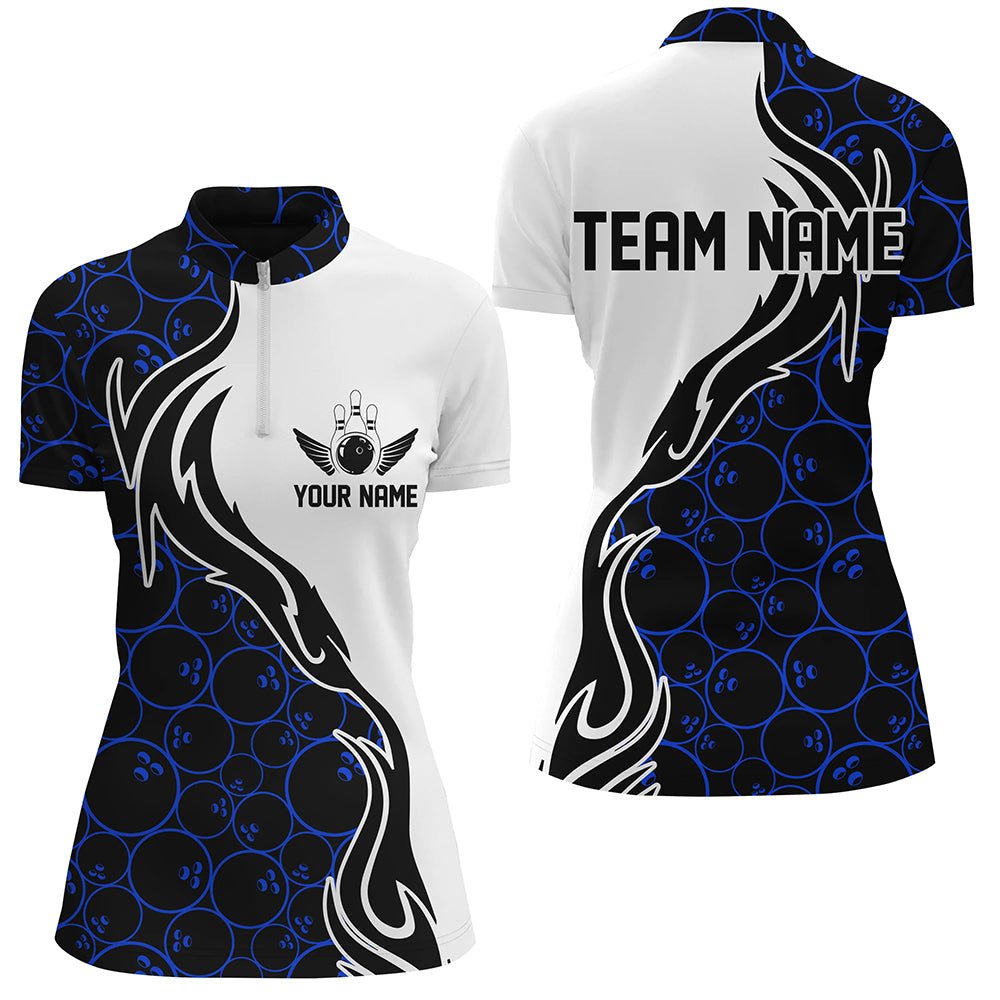 Blau Bowling Muster Personalisierte Damen Bowling Viertel Reißverschluss Shirts Flamme Bowling Team Trikots P5307 - Climcat