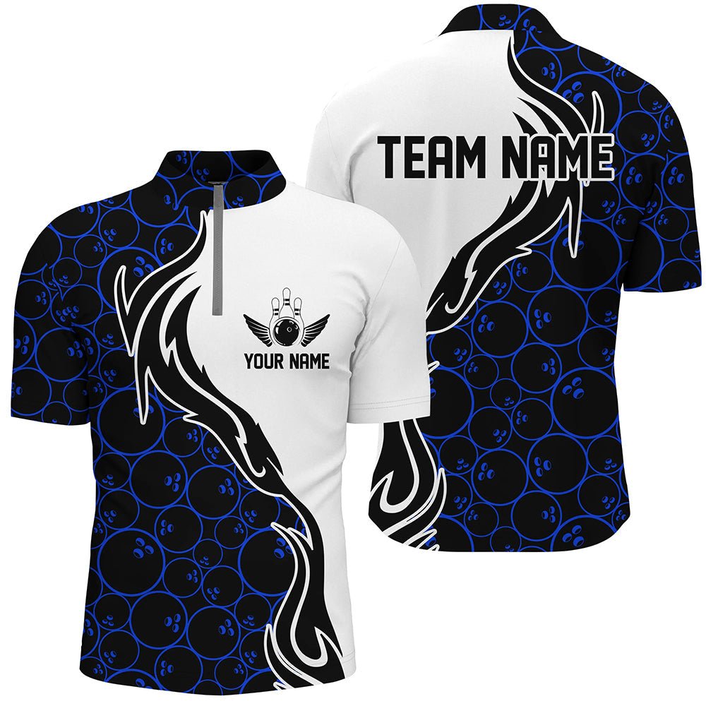 Blau Bowling Muster Personalisierte Herren Bowling Viertel Reißverschluss Shirts Flamme Bowling Team Trikots Turnier P5307 - Climcat