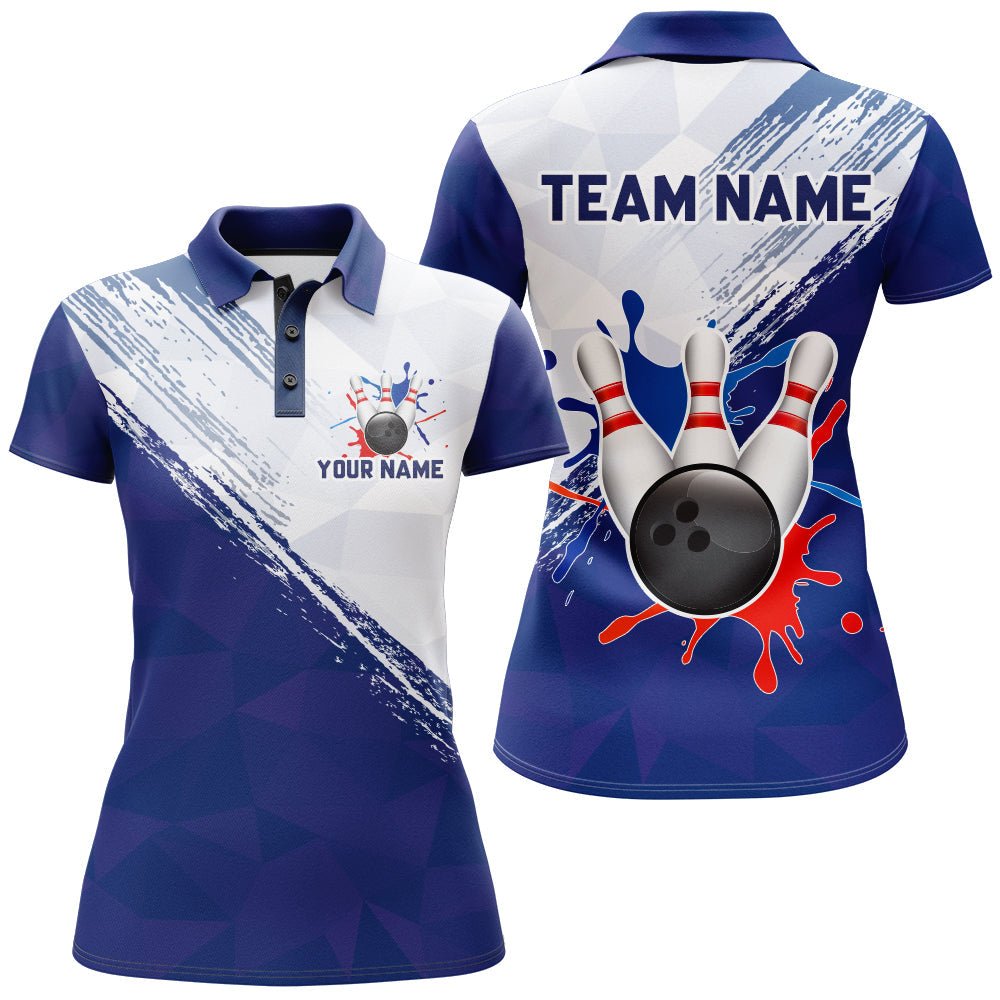 Blau Bowling Polo Shirt für Damen Retro Bowling Trikot Personalisierte Bowling Team Liga Shirts D201 - Climcat