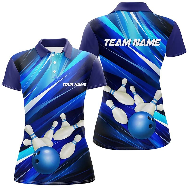 Blau Bowling Polo Shirts für Damen, Bowlingkugel und Pins, individuelle Bowling Team Trikots P5255 - Climcat