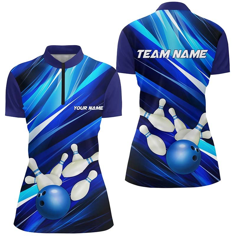 Blau Bowling Quarter Zip Shirts für Damen, Bowlingkugel und Pins, individuelles Bowling-Teamshirt P5255 - Climcat