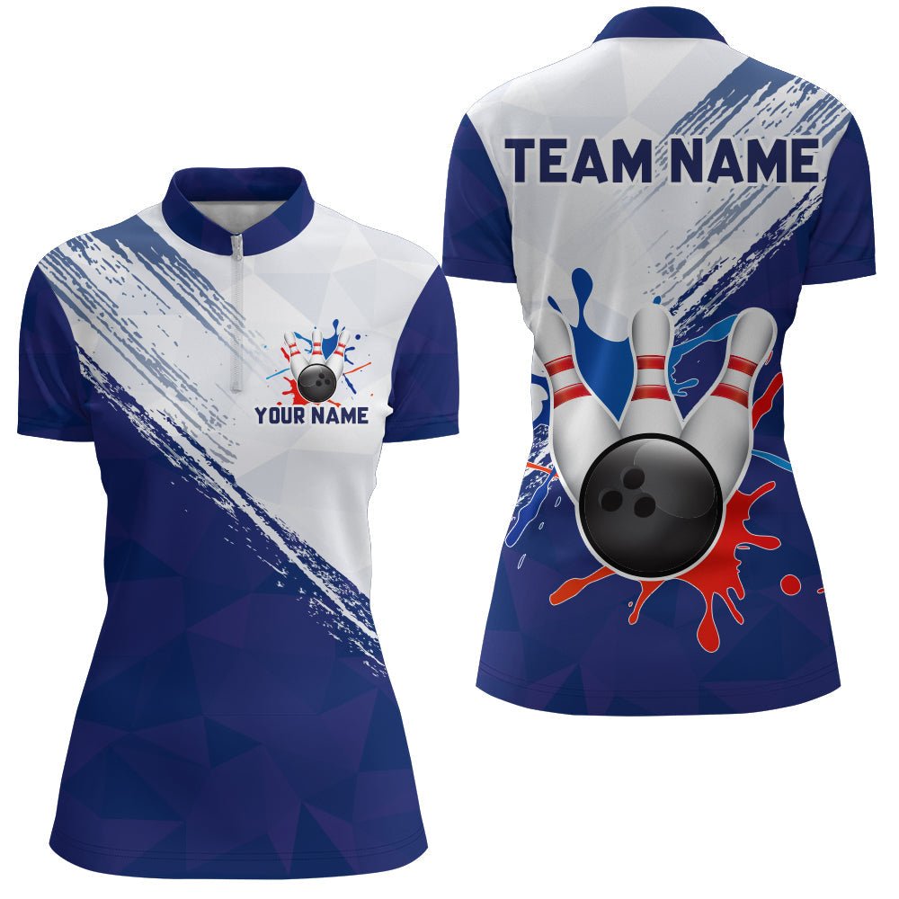 Blau Bowling Quarter-Zip Shirts für Damen Retro Bowling Trikot Personalisierte Bowling Team Liga Shirts D203 - Climcat