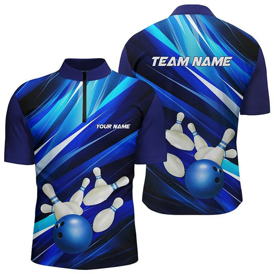 Blau Bowling Quarter Zip Shirts für Herren, Bowlingkugel und Pins, individuelle Bowling-Team Trikots P5255 - Climcat