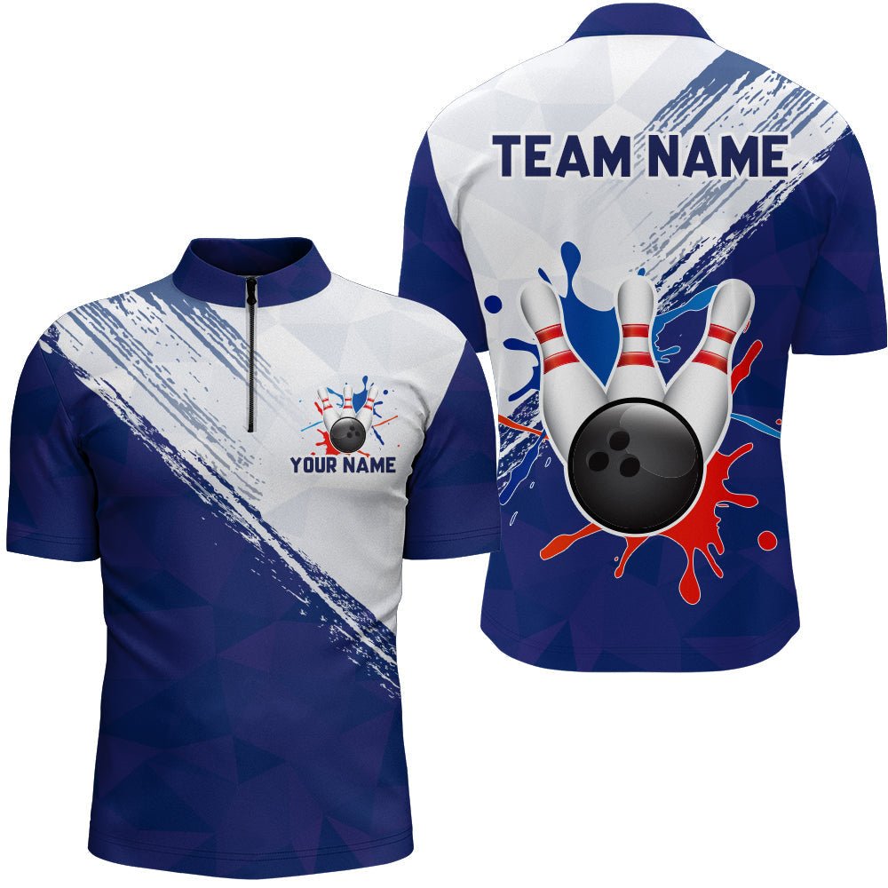 Blau Bowling Quarter-Zip Shirts für Herren Retro Bowling Trikot Personalisierte Bowling Team Liga Shirts D202 - Climcat