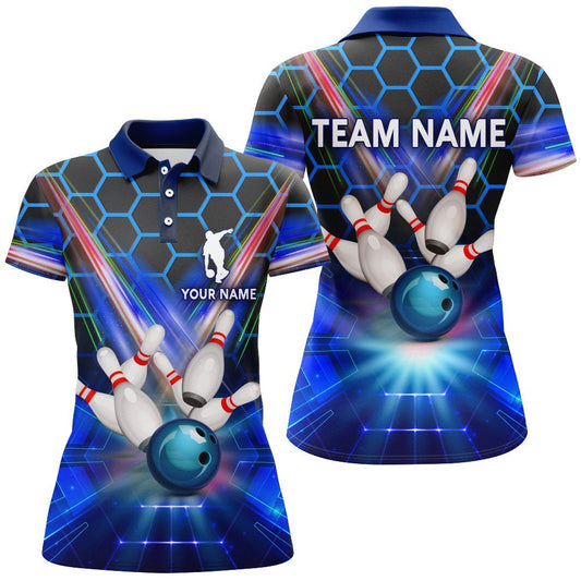 Blau Bowling Shirt für Damen - Personalisierter Name - Polo Bowling Trikot - 3D Damen Bowling Team Shirt D44 - Climcat