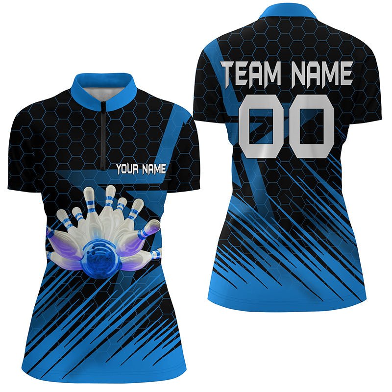 Blau Bowling Shirt für Damen | Personalisierter Name | Viertelreißverschluss | 3D Bowling Team Shirt für Damen | Q5139 - Climcat