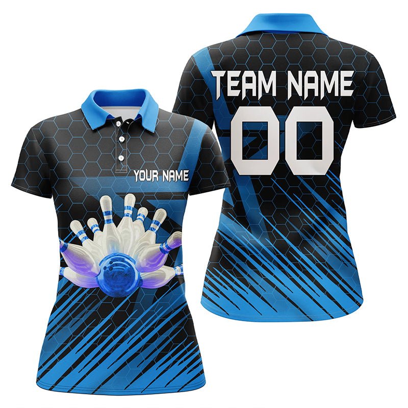 Blau Bowling Shirt für Damen | Personalisiertes Kurzarm Polo Bowling Trikot | 3D Bowling Team Shirt für Frauen | Q5139 - Climcat