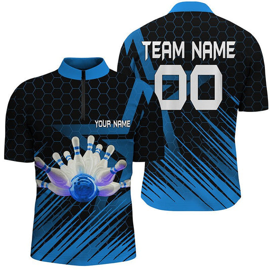 Blau Bowling Shirt für Herren | Personalisiertes Viertelreißverschluss Bowling Trikot | 3D Bowling Team Shirt für Herren Q5139 - Climcat