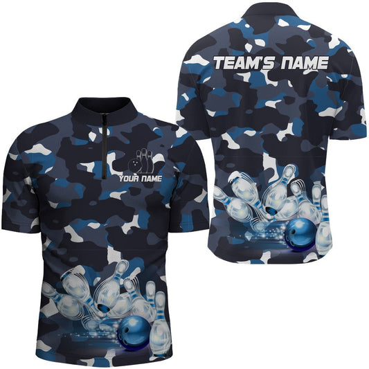 Blau Camo Bowling Herren Quarter-Zip Shirt, Personalisierter Teamname Kurzarm Herren Bowling Trikot N94 - Climcat