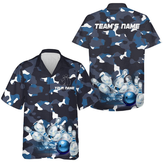 Blau Camo Hawaiian Bowling Shirt für Herren Damen, Personalisierter Teamname, Kurzarm-Bowlertrikot B94 - Climcat