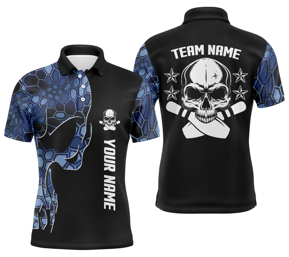 Blau Camo Schwarz Bowling Polo Shirts für Herren mit individuellem Teamnamen Skull Bowling, Team Bowling Shirts Q5059 - Climcat