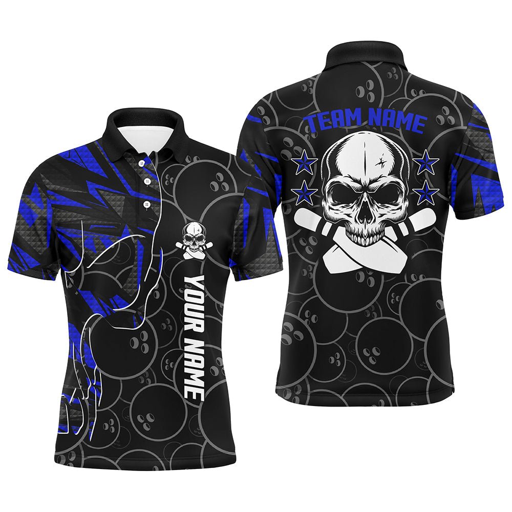 Blau Camo Schwarz Bowling Polo Shirts für Herren mit individuellem Teamnamen Skull Bowling, Team Bowling Shirts Q6421 - Climcat