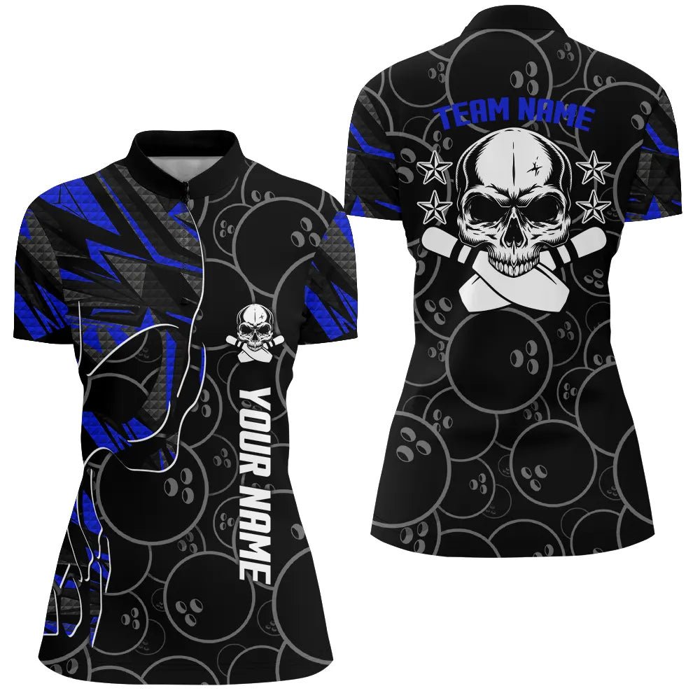 Blau Camo Schwarz Bowling Quarter Zip Shirts für Damen - Individuelles Team Skull Bowling, Team Bowling Trikots Q6421 - Climcat