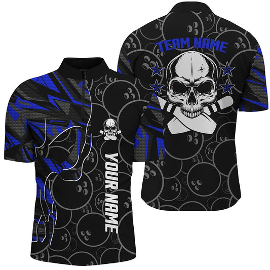 Blau Camo Schwarz Bowling Quarter Zip Shirts für Herren - Individuelles Team Skull Bowling, Team Bowling Trikots Q6421 - Climcat