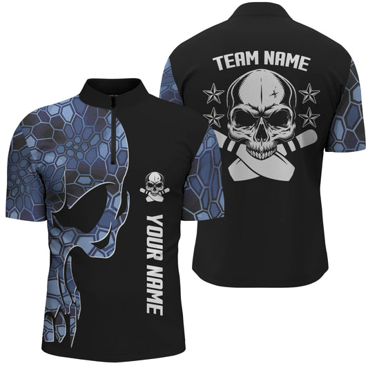 Blau Camo Schwarz Bowling Quarter Zip Shirts für Herren mit individuellem Teamnamen Skull Bowling, Team Bowling Shirts Q5059 - Climcat