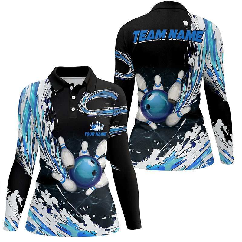 Blau Damen Polo Bowling Shirt - Personalisierbar mit individuellen Bowlingkugel-Anstecknadeln - Schwarze Bowling Team Liga Trikots Q6461 - Climcat