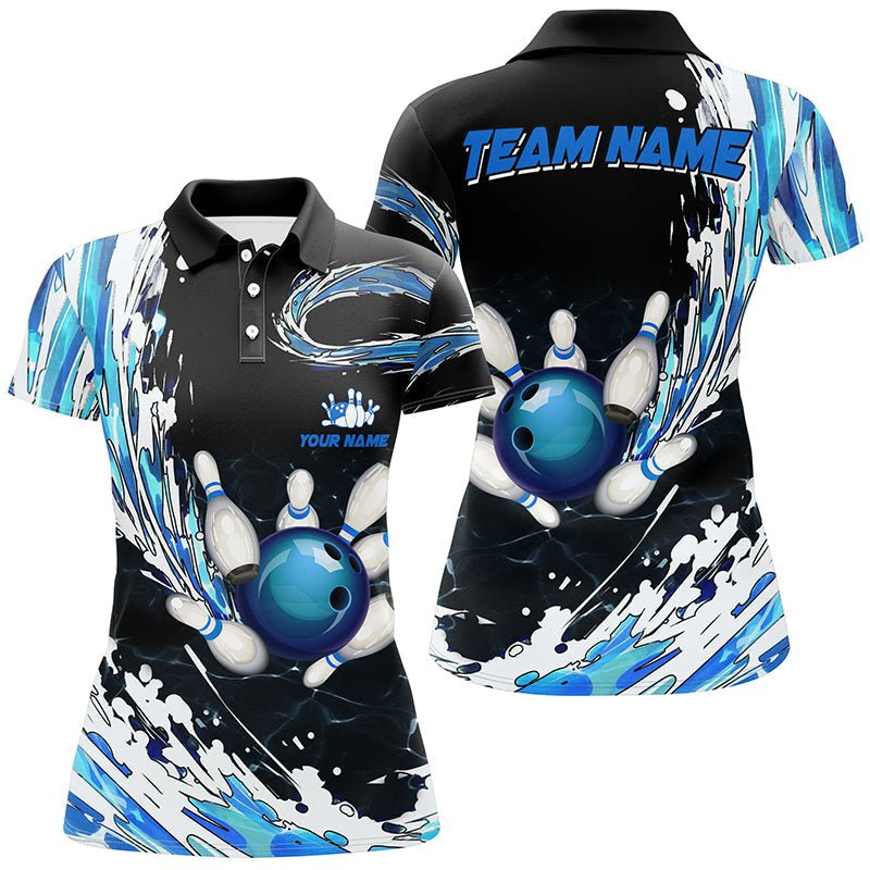 Blau Damen Polo Bowling Shirt - Personalisierbar mit individuellen Bowlingkugel-Anstecknadeln - Schwarze Bowling Team Liga Trikots Q6461 - Climcat