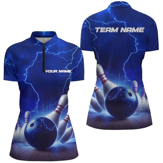 Blau Donner Blitz Damen Bowling Viertelreißverschluss Shirt Personalisierte Bowling Liga Team Trikots P5393 - Climcat