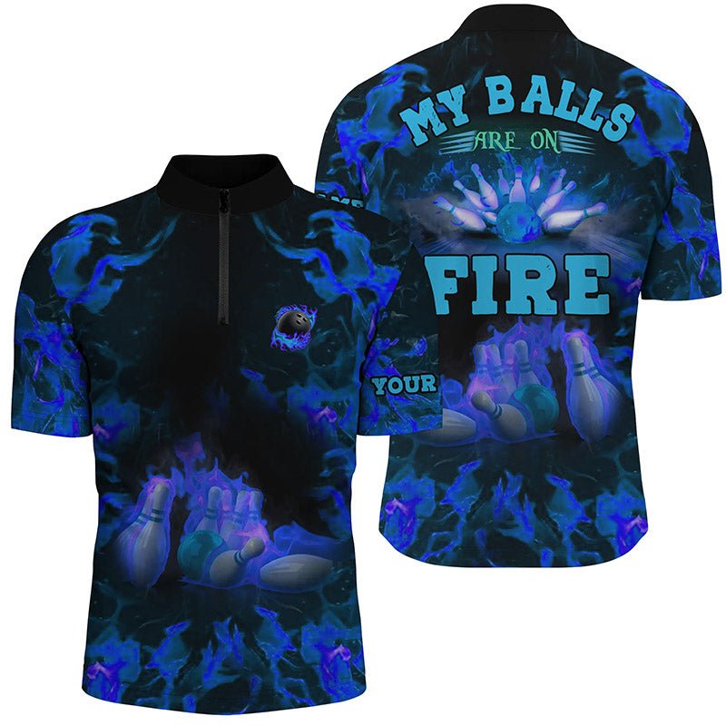 Blau Flamme Bowling Shirt individuell - Mein Ball ist in Flammen - Bowling Viertel-Zip Shirt für Herren, Bowling Trikot Q6457 - Climcat