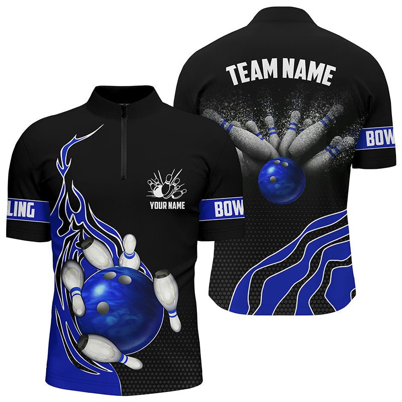 Blau Flammen Bowling Polo Shirts für Herren Bowlingkugel, Individuelle Bowling Team Trikots Bowler Outfits P5217 - Climcat