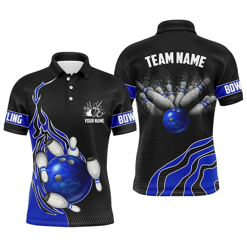 Blau Flammen Bowling Polo Shirts für Herren Bowlingkugel, Individuelle Bowling Team Trikots Bowler Outfits P5217 - Climcat