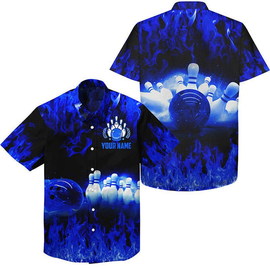 Blau Flammen Hawaiian Bowling Hemden, Personalisierte Herren Bowling Team Knopfleiste Bowling Hemden Q5199 - Climcat