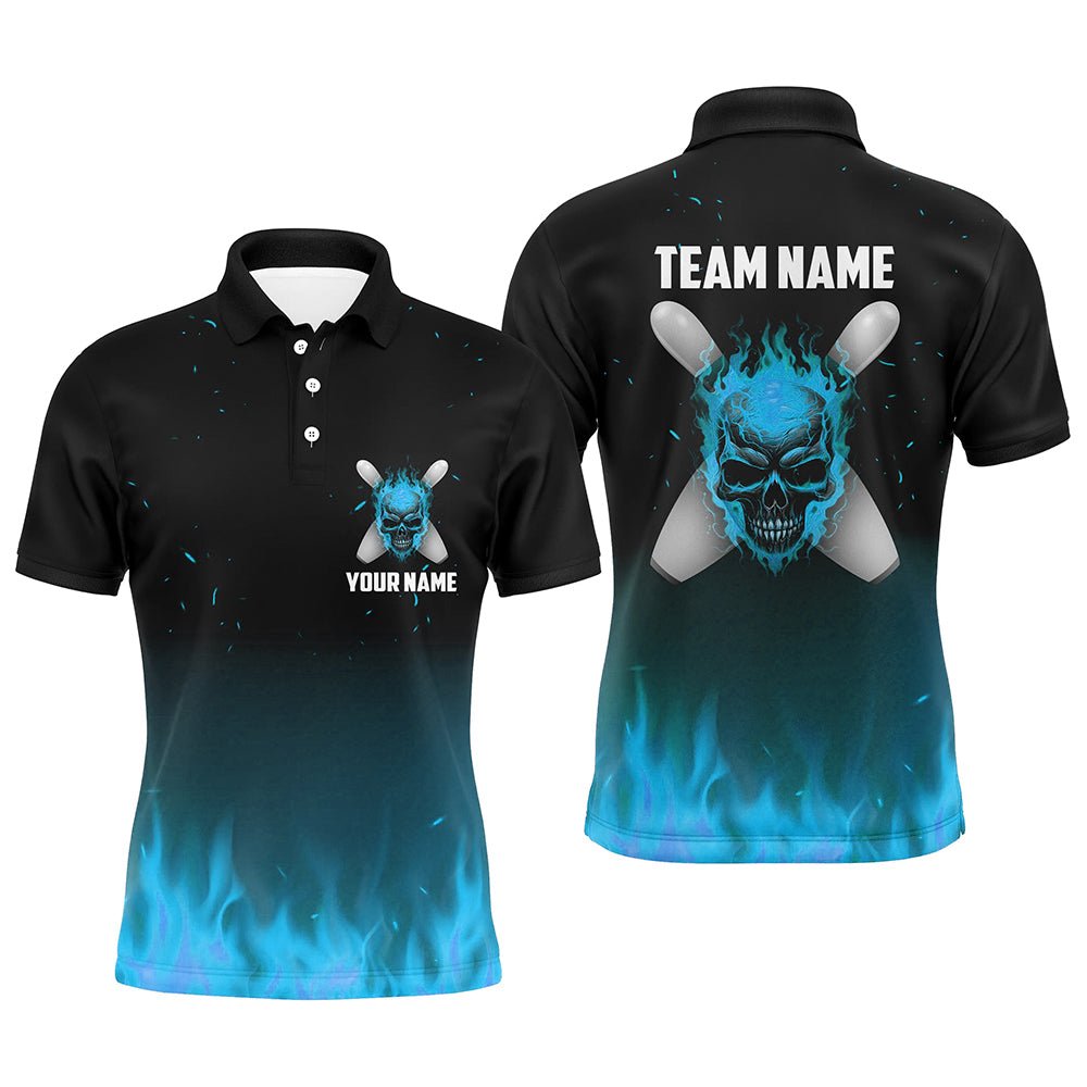 Blau Flammen Schädel Bowling Polo Shirts für Herren - Personalisierte Team Bowling Trikots - Halloween Outfits P5375 - Climcat