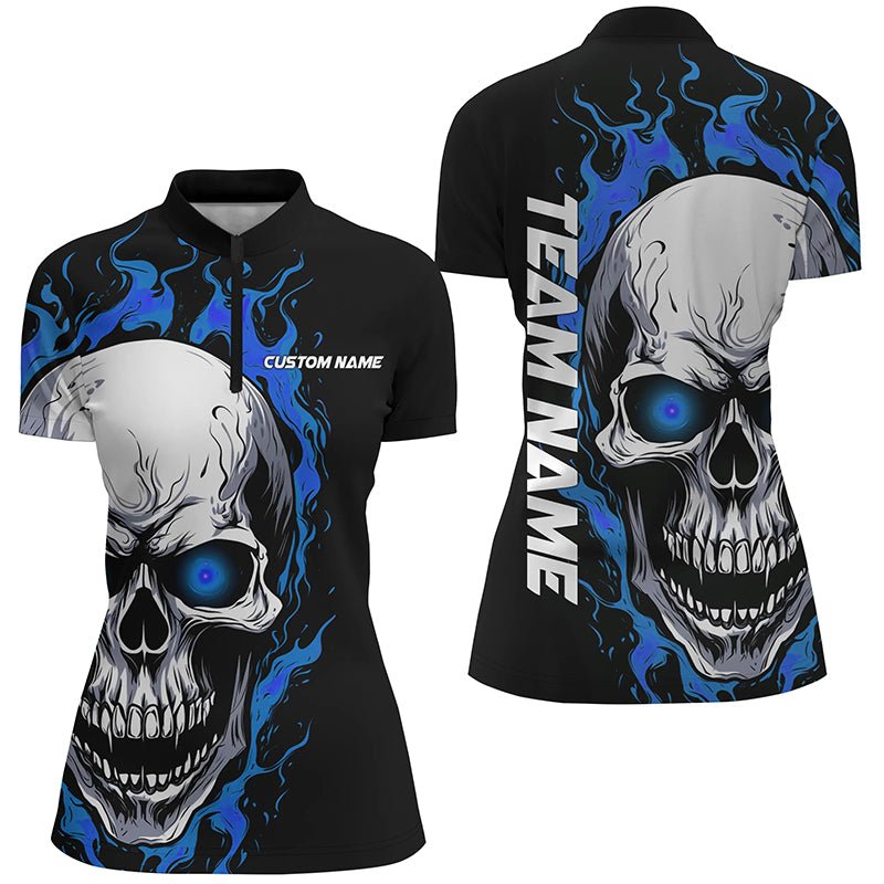 Blau Flammen Totenkopf Damen Sport Trikots, Individuelle Team Bowling Damen Viertel Reißverschluss Shirts P5274 - Climcat