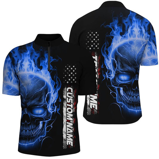 Blau Flammen Totenkopf Personalisierte Bowling 1/4 Zip Shirts für Männer und Frauen, Amerikanische Bowling Team Trikots P5277 - Climcat