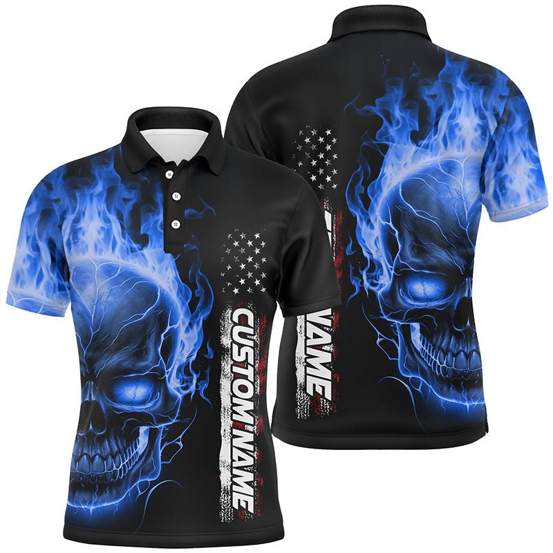 Blau Flammen Totenkopf Personalisierte Bowling Polo Shirts für Herren und Damen, Amerikanische Bowling Team Trikots P5277 - Climcat