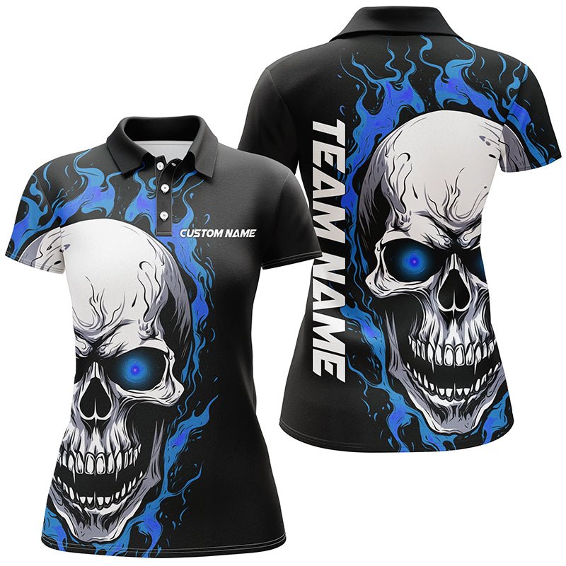 Blau Flammen Totenkopf Sport Trikots, Individuelle Team Bowling Polo Shirts für Damen, Bowler Outfits P5274 - Climcat