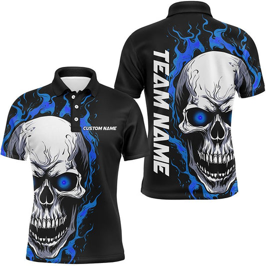 Blau Flammen Totenkopf Sport Trikots, Individuelle Team Bowling Polo Shirts für Herren, Bowler Outfits P5274 - Climcat