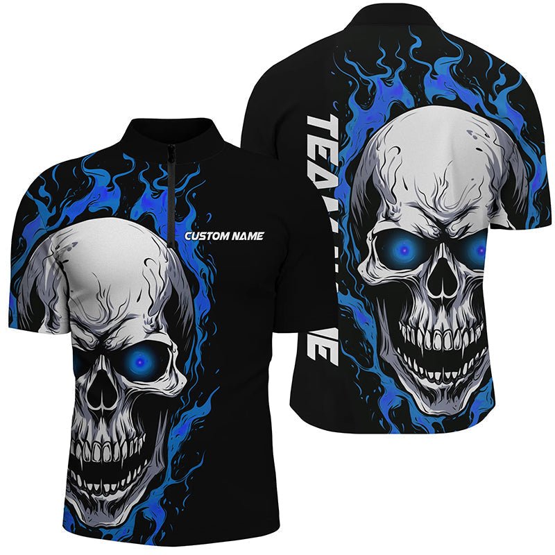 Blau Flammen Totenkopf Sport Trikots, Individuelle Team Bowling Viertel Reißverschluss Shirts für Herren, Bowler Outfits P5274 - Climcat