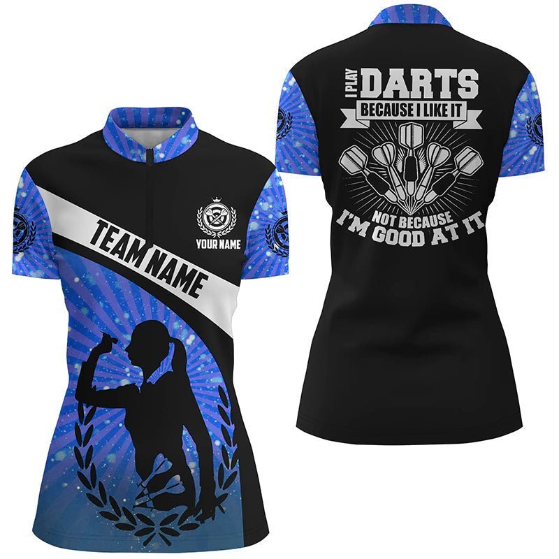 Blau gestreiftes Dart-Quarter-Zip-Shirt für Frauen, Darttrikots 'I Play Darts Because I Like It' L541 - Climcat