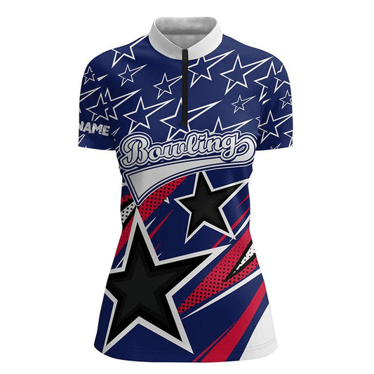 Blau Sterne Damen Viertelreißverschluss Shirt Personalisierter Team-Bowlingtrikots Q5721 - Climcat