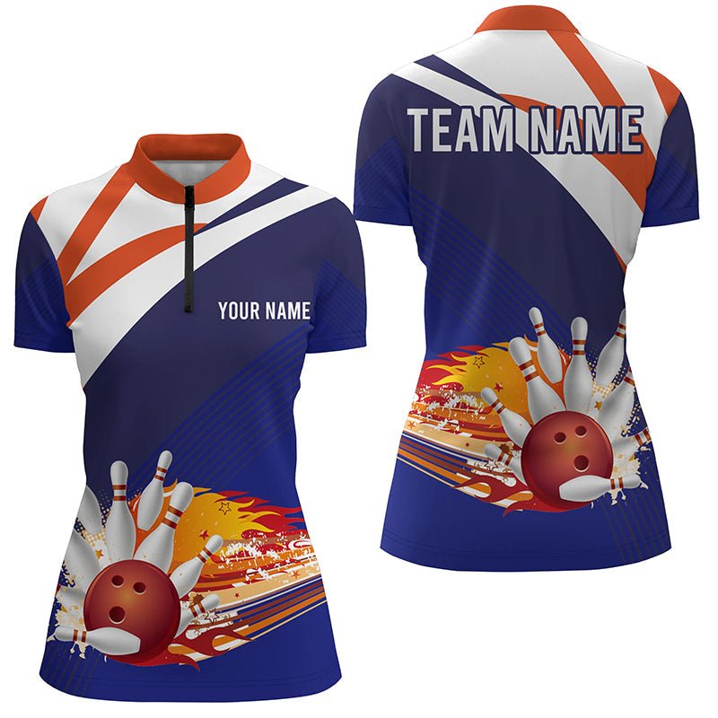 Blau und orange Damen Bowling Shirt mit Viertelreißverschluss, individueller Name, Damen Bowlers Jersey, Team Bowling Geschenk Q5830 - Climcat