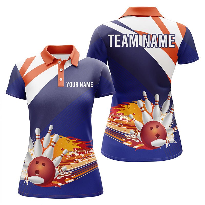 Blau und orange Damen Polo Bowling Shirt mit individuellem Namen, Damen Bowlers Trikot, Team Bowling Geschenke Q5830 - Climcat