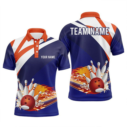 Blau und orange Herren Bowling Polo Shirt mit individuellem Namen, personalisiertes Herren Bowlers Trikot, Bowling-Geschenke für Teams Q5830 - Climcat